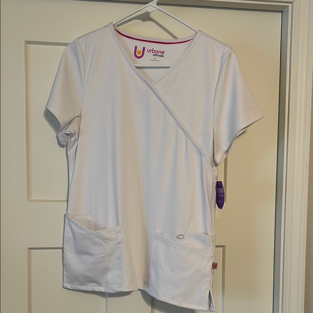Urbane Women's White Crossover Scrub Top